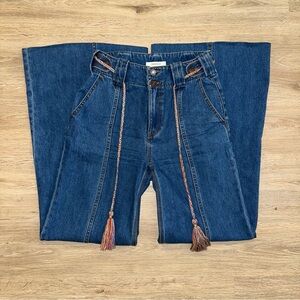 Zimmermann Indigo Bootcut Jeans with Braided Colorful Belt